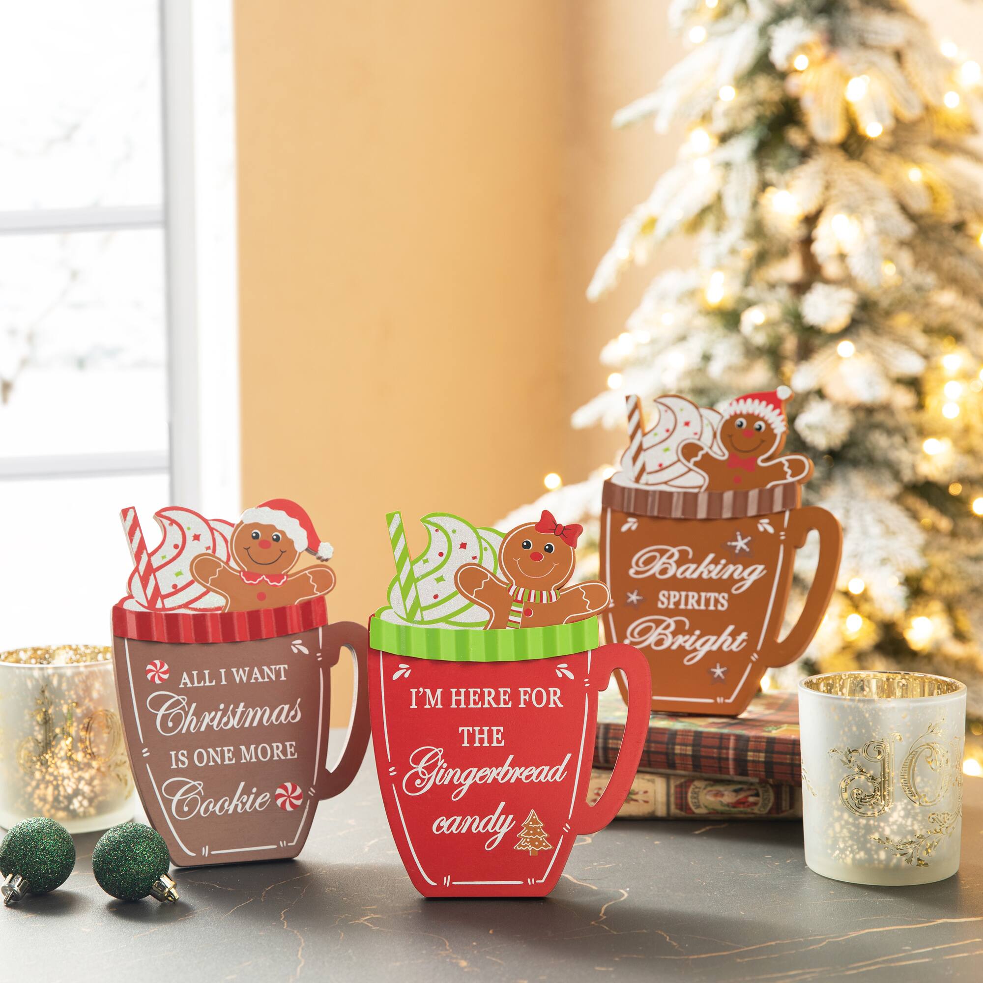 Glitzhome® 8" Christmas Gingerbread Man Mug Tabletop Décor Set